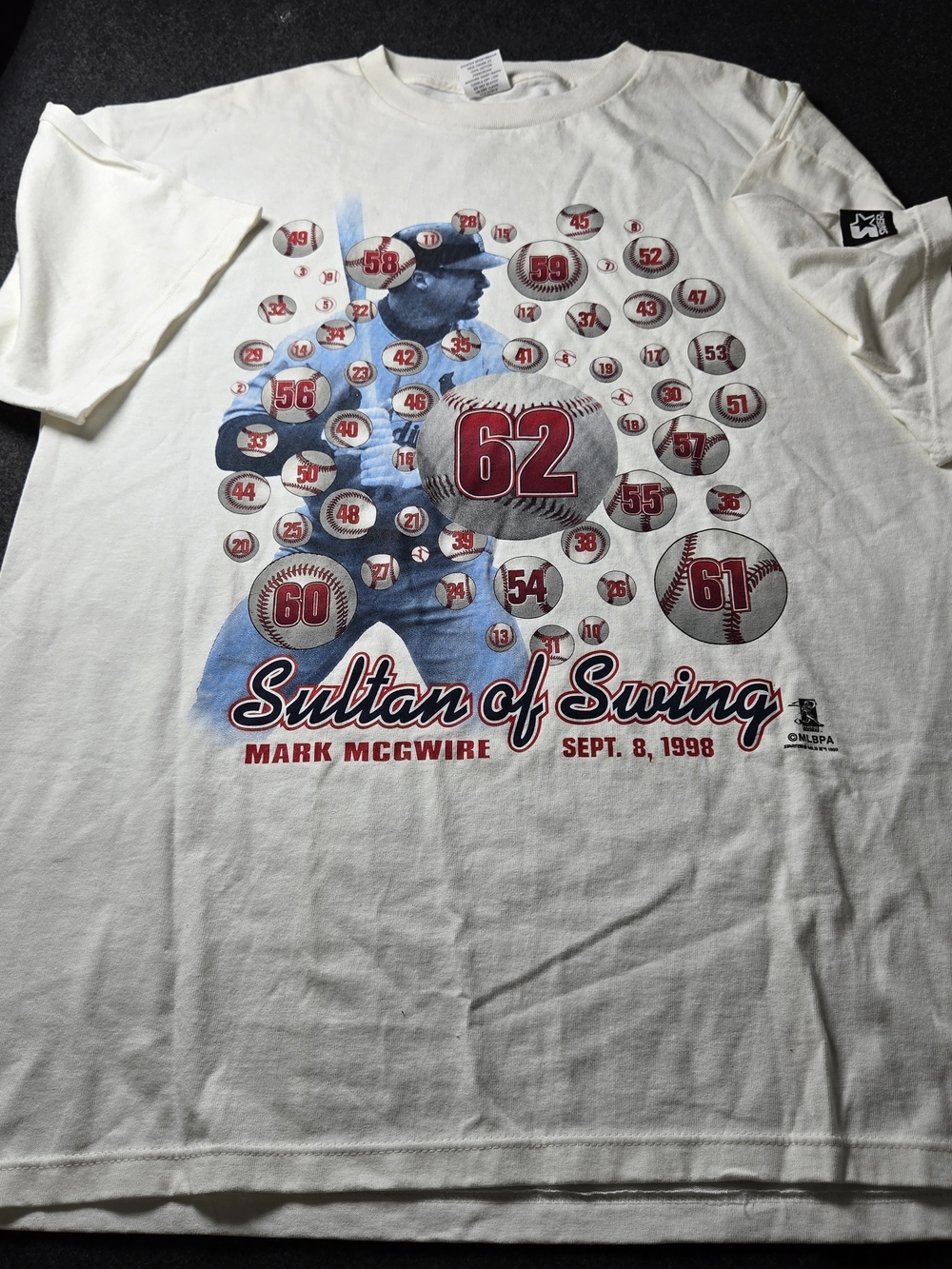 STARTER White Tee with Red & Blue 'Sultan of Swing' Baseball Graphic